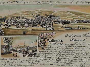 Vor 120 Jahren entstand diese aussagestarke Lithographie-Ansichtskarte vom ehemaligen Marktflecken Wallenfels in winterlicher Landschaft. Repro: Gerd Fleischmann