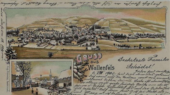 Vor 120 Jahren entstand diese aussagestarke Lithographie-Ansichtskarte vom ehemaligen Marktflecken Wallenfels in winterlicher Landschaft. Repro: Gerd Fleischmann