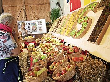Auch heuer gab es wieder eine Obstausstellung, deren Besonderheit ein mit Obst gefüllter Schriftzug war. Fotos: Gerda Völk