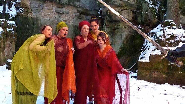 Die Athener Frauen wollen ihre Männer dazu bringen, den Krieg mit Sparta zu beenden (von links: Henrike Reineke, Silke Ködel, Christine Kammerer, Julia Krolak, Annika Ködel). Foto: Dieter Hübner