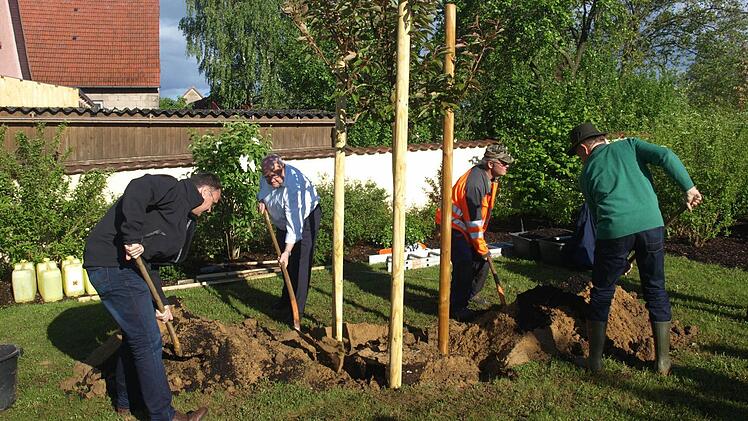 Mit Robert Erhard (Sprecher der Vereinsgemeinschaften), dem ehemaligen 3. Bürgermeister Hubert Schott und Gärtnermeister Jürgen Pfeuffer vom Bauhof packte der Altbürgermeister selbst mit an.