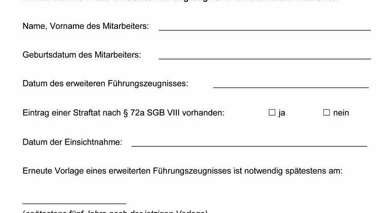 Anhand einer solchen Vorlage müssen Vereine die Tauglichkeit ihrer ehrenamtlichen Mitarbeiter nachweisen.