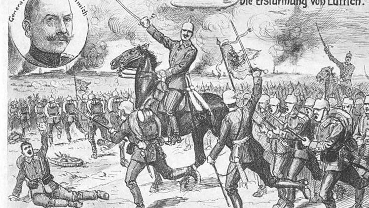 iese Postkarte aus dem Jahr 1917 zeigt den Sturm auf Lüttich im August 1914.
