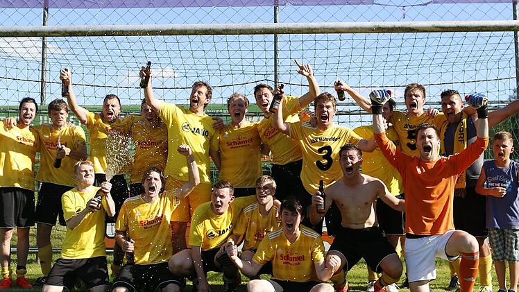 Der ASV Möhrendorf feierte seine Rückkehr in die Kreisliga nach 19 Jahren feucht-fröhlich. Hinten v. li.: Alexander Hochstein, Richard Welß, Christopher Storr, Julian Conraths, Christian Seidel, Stefan Welß, Johannes Müller, Florian Bauer, Stefan Rieschel, Kilian Bauer, Trainer Heinz Halmer und dessen Sohn Matteo (9). Vorne v. li.: Jörg Lippert, Tobias Müller, Tobias Schneider, Martin Mader, Andreas Hess, Marc Suffa-Petri und Torwart Daniel Baumann Foto: Sebastian Baumann