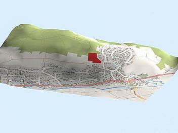 Die 3D-Grafik zeigt den Stadtteil Reuth von Süden aus, das neue Baugebiet ist rot gekennzeichnet.  3D-Grafik: Micho Haller