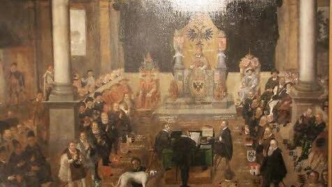 Das Gemälde in der Lutherstube zeigt eine Darstellung des Reichstags in Augsburg, geleitet von Kaiser Karl V.