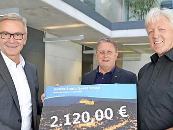 Die meisten Kunden entschieden sich f&uuml;r eine Spende an das Tierheim; Stephan Pr&ouml;schold (links) und OB Henry Schramm &uuml;berreichten einen Scheck an Hans Beyer.  Foto: Uschi Prawitz