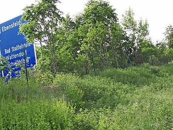 Auf einem bestehenden kleinen Wall an der Autobahn sollen Lärmschutzwände installiert werden, die etwa so hoch sein werden wie die blaue Wegweisertafel. Ob das jedoch in diesem Jahr noch geschehen kann, ist derzeit unklar. Foto: Matthias Einwag