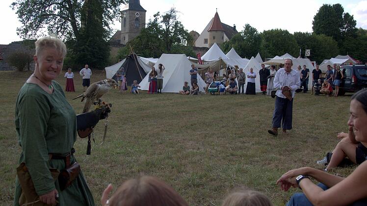 Die Darbietungen beim mittelalterlichen Lagerleben zogen - wie hier die Greifvogelschau - viele Schaulustige an.  Achim Schmidt und Gina Biernath erläuterten, worauf es bei ihren Schützlingen ankommt. Hier präsentiert Biernath den Lammerfalken Lilli. Foto: Bettina Knauth