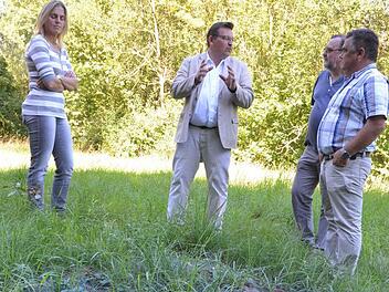 Monika Feibel, Jürgen Wittmann, Thomas Feulner und Stefan Neumann stehen vor Beginn der Sanierung an einer Stelle, an der die Altlasten der Blaufabrik deutlich zu erkennen sind. Foto: CT-Archiv, Rainer Lutz