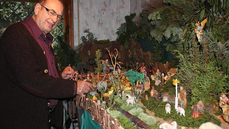 Alle Jahre wieder zur Weihnachtszeit baut Helmut Dittrich seine vier mal zwei Meter große Krippenlandschaft im Keller auf. Fotos: Andreas Oswald