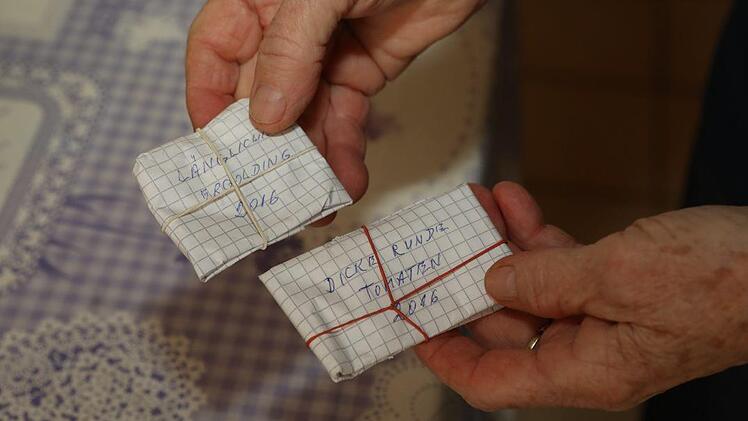 ... die gewaschenen und getrockneten Kerne werden im kommenden Jahr als Saatgut verwendet. Katharina Frank hebt sie in genau beschriftetem Papier auf. Foto: Barbara Herbst
