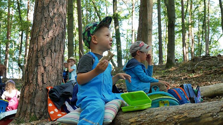 Mitten im Wald gibt es viel zu entdecken und zu spielen - da schmeckt Henri und seinen Freunden die Brotzeit besonders gut.  Fotos: Sabine Weinbeer