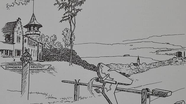 In Helmut Scheuerichs Buch &uuml;ber "Neustadt im 20. Jahrhundert" findet sich diese Zeichnung. Das Sonneberger Reiterlein springt &uuml;ber den Schlagbaum nach Neustadt.  Repro: Rainer Lutz