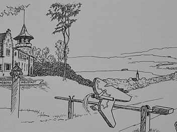 In Helmut Scheuerichs Buch über "Neustadt im 20. Jahrhundert" findet sich diese Zeichnung. Das Sonneberger Reiterlein springt über den Schlagbaum nach Neustadt.  Repro: Rainer Lutz