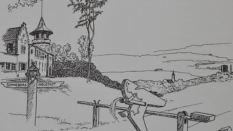 In Helmut Scheuerichs Buch über "Neustadt im 20. Jahrhundert" findet sich diese Zeichnung. Das Sonneberger Reiterlein springt über den Schlagbaum nach Neustadt.  Repro: Rainer Lutz