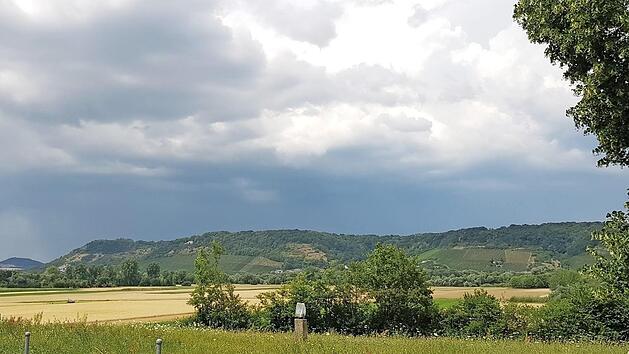 Der Ha&szlig;bergtrauf im Maintal auf der anderen Mainseite zwischen Sand und Zeil, Limbach und Steinbach l&auml;sst sich vom richtigen Punkt aus mit den Augen erwandern. An der Limbacher Wallfahrtskirche soll ein "magischer Punkt" eingerichtet werden. Wer sich Zeit l&auml;sst mit dem Studieren, der kann bei Steinbach (rechts nicht mehr im Bild) die Reste der Fischgr&auml;t-Muster entdecken. So waren fr&uuml;her Weinbergsmauern gesetzt.  Foto: kra