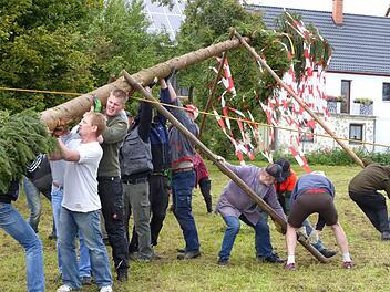 Die Heckenhofner Burschen stellen den Kirchweihbaum auf.Fotos: Wolf