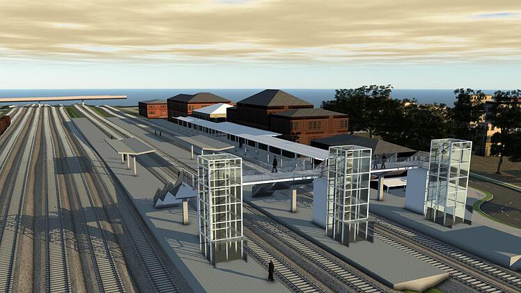 So soll die Personen-&Uuml;berf&uuml;hrung mit den drei Aufz&uuml;gen im Bahnhof Neuenmarkt-Wirsberg nach seiner Umsetzung aussehen. Erkl&auml;rtes Ziel ist die Barrierefreiheit ab August 2020.Bild: Ingenieur-B&uuml;ro Hochreither - Vorndran