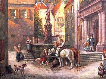 Brachte bei der Versteigerung von fünf Michel-Weiß-Gemälden den höchsten Preis: der Zinsfelder-Brunnen am Kulmbacher Rathaus (Bildausschnitt). Repro: Auktionshaus Rothenbücher