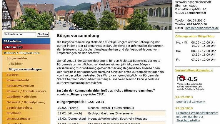 So sah die Ebermannstadter Internetseite am Donnerstag um 16.30 Uhr aus.Repro: FT