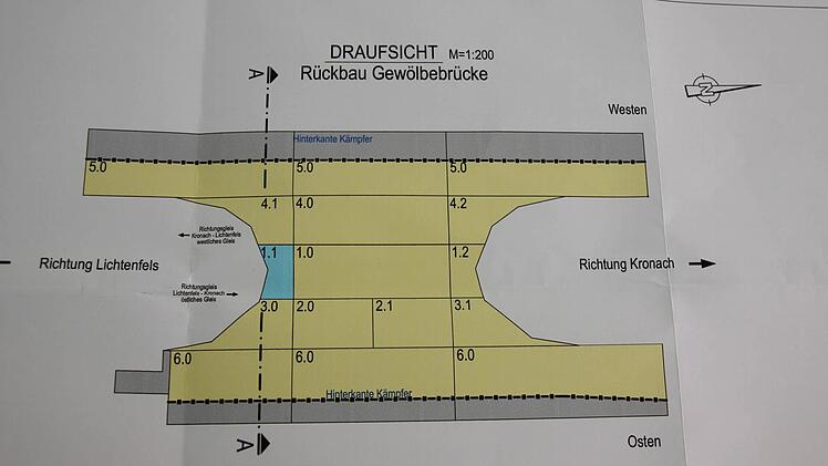Plan zum Rückbau der Gewölbebrücke. Draufsicht. Zuerst kommt das Teil 1.0 raus. die weiteren Teile entsprechend der Nummerierung.  Foto: Friedwald Schedel