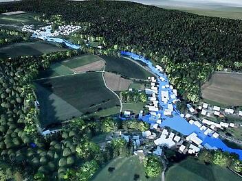 Die Simulation zeigt den Verlauf des Sendelbaches im Falle eines Hochwassers (vorn Dorgendorf, hinten Priegendorf).