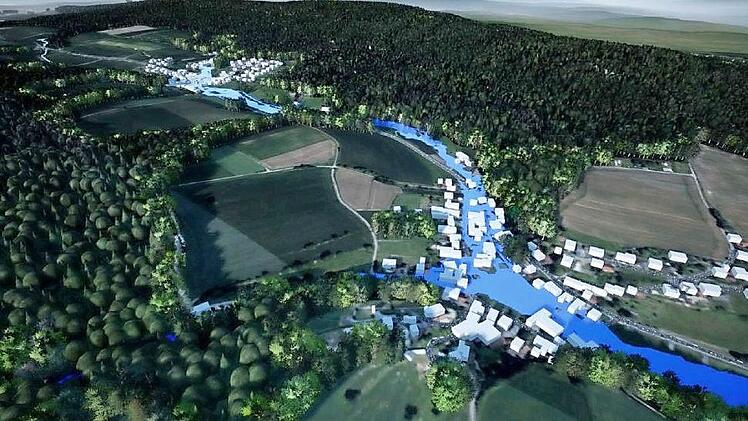 Die Simulation zeigt den Verlauf des Sendelbaches im Falle eines Hochwassers (vorn Dorgendorf, hinten Priegendorf).