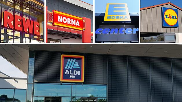 Einkaufen in Bamberg: Collage mit Rewe, Norma, Edeka, Lidl, Aldi