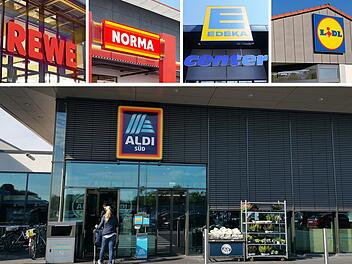 Einkaufen in Bamberg: Collage mit Rewe, Norma, Edeka, Lidl, Aldi
