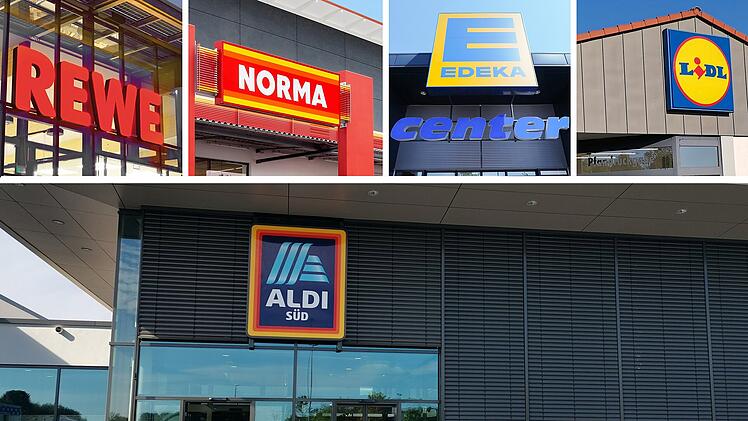 Einkaufen in Bamberg: Collage mit Rewe, Norma, Edeka, Lidl, Aldi