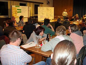 Bei einem Workshop Anfang Januar hatten 45 Bürger Gemündas Ideen zur Gestaltung ihres Dorfes erarbeitet. Am Montag stellten Pfarrerin Kathrin Neeb (im Bild hinten) und Vertreter der einzelnen Arbeitsgruppen die Ergebnisse im Sportheim des TSV Gemünda vor. Foto: Bettina Knauth