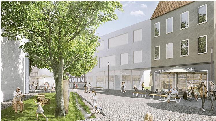 So könnte es an der Ecke Lohgraben/Badergasse in Coburg künftig aussehen - mit Wasserbeeten, Bänken und einem Durchgang zum Aufzug im Steinweg.Abbildung: Büro A 24künftig