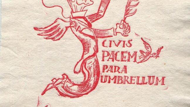 Exlibris Neville Chamberlain (1938) - Civis pacem para umbrellum (deutsch "Wer Frieden will, bereite Krieg vor"), Radierung von Fingesten Bild: Tobias Zwingmann, Neustadt/ Coburg