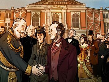 Als Richard Wagner in Bayreuth seine ersten Festspiele eröffnete, konnte er neben dem deutschen Kaiser auch andere gekrönte Häupter, viele renommierte Künstler und Wagnerianer begrüßen. Unser Bild stammt aus dem Wagner-Comic, der im Juni beim Knesebeck Verlag erscheint. Vorlage/copyright:Flavia Scuderi/Knesebeck Verlag