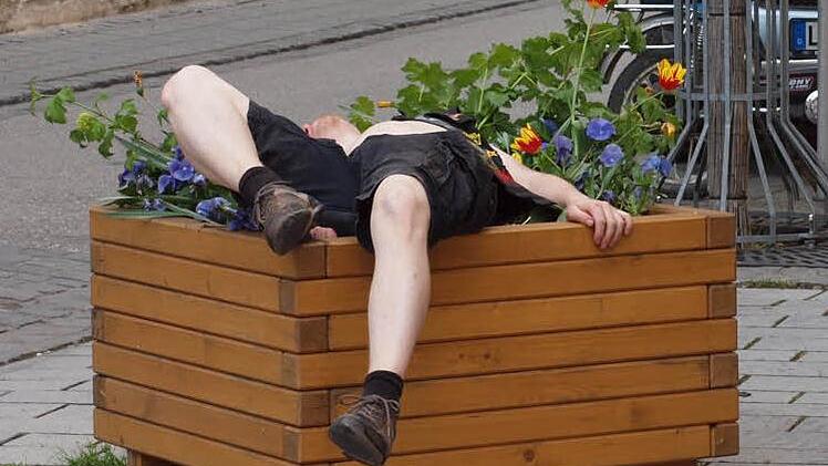 Zu viel "vorgeglüht": Er hat im Vorfeld des Ragnarök-Festivals offensichtlich zu viel Alkohol erwischt und ließ sich in einem Blumenkasten in der Hirtenstraße nieder. Foto: Alfred Thieret