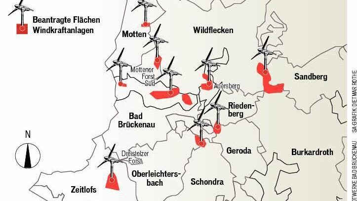 Lageplan für beantragte Windkraftanlagen. Grafik: Dietmar Rothe