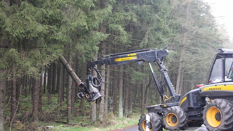 Wie Streichhölzer hebt der Kranarm des Harvesters die Stämme nach dem Fällschnitt hoch und lässt sie zu Boden krachen.