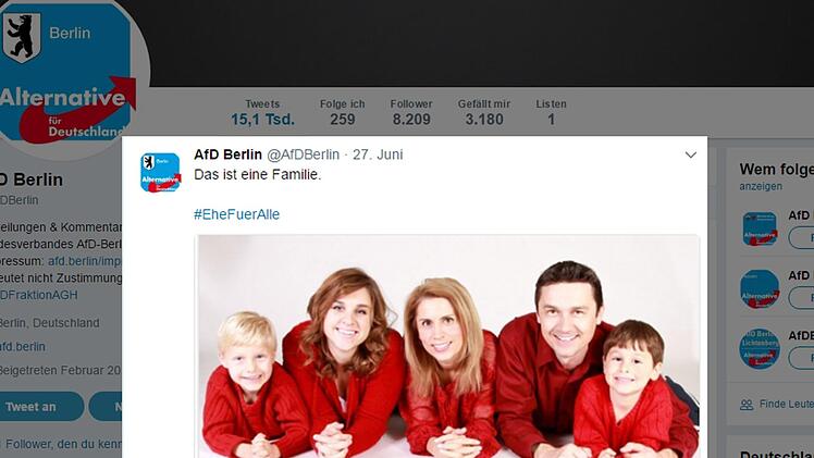 Die AfD Berlin hat sich auf Twitter an der Diskussion &uuml;ber die Ehe f&uuml;r alle beteiligt. &Uuml;ber ihre Bildwahl lacht jetzt das Netz. Screenshot Twitter / pixabay