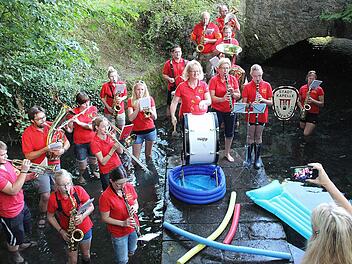 Konzert im kalten Wasser: Die Stadtkapelle Münnerstadt beteiligte sich am "Cold Water Challenge". 16 Mitglieder stiegen beim Jörgentor in die kalte Lauer und spielten "Die Fischerin vom Bodensee".  Foto: Dieter Britz