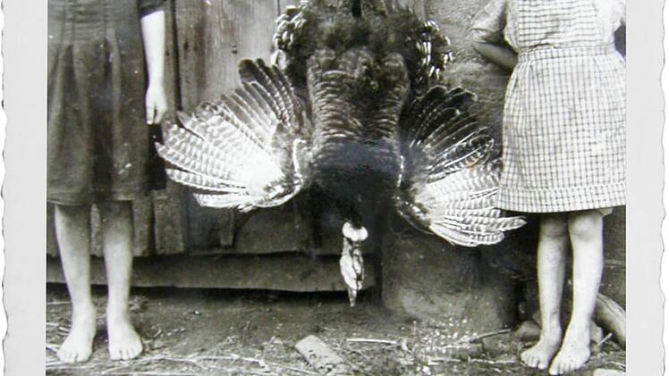Schlachttag: Anfang der 1940er-Jahre war dieser kapitale Truthahn ein Erinnerungsfoto wert. Bilder von Kindern gibt es in der Chronik zu Hauf: zahlreiche Schulklassen samt Namenslisten.