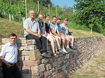 Freude herrscht über die ersten beiden fertiggestellten Weinbergsmauern am Sturmiusberg in Diebach. Von links: Bürgermeister Armin Warmuth, Roland Lenhart (Leiter der Unteren Naturschutzbehörde), Ortsbeauftragte Elisabeth Assmann, Aglaia Abel (Leiterin des Landschaftspflegeverbandes), die Grundstücksbesitzer Alexander Schaub und Marco Gensler sowie Naturschutzwächter Friedrich Mährlein. Foto: Wolfgang Dünnebier