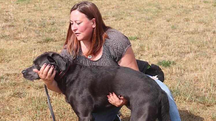 Lisa Litz zeigt den wichtigen Fixierungsgriff an ihrem Hund Banji, einem Labrador.    Foto: Johanna Blum
