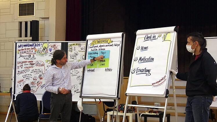 Lars Hofmann und Andy Fischer moderierten den Vor-Ort-Workshop, während Ulrike Mahr die Ergebnisse als Graphic Recording auf der Moderationswand festhielt. Heike Schülein