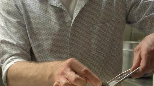 Frank Stübinger reibt frischen Trüffel über den Risotto. Foto: M. Reitmeier