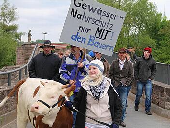 Alfred Greubels Tochter Laura führte mit einer Jungkuh den Protestmarsch zum Wasserwirtschaftsamt Bad Kissingen an. Fotos: Gerd Schaar