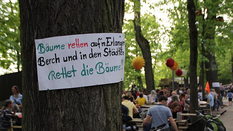 Mit Plakaten weisen Naturschützer auf die aus ihrer Sicht unnötigen Baumfällmaßnahmen auf dem Gelände der Bergkirchweih in Erlangen hin. Foto: Christian Bauriedel