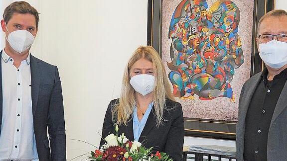 Antrittsbesuch: Die neue Museumsdirektorin der Stadt Bamberg, Kristin Knebel, zu Besuch bei Oberbürgermeister Andreas Starke (r.) und Bürgermeister Jonas Glüsenkamp