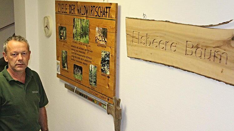 Die Ziele der Waldwirtschaft sind im Eingangsbereich des Büros von Wolfgang Gnannt (Foto) dargestellt. Foto: Helmut Will