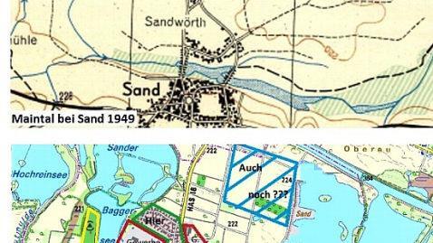 Alte und neue Karten zeigen, wie der Kiesabbau Sand verändert hat. Die Darstellung stammt von der Bürgerinitiative "Sand bleibt".  Foto: p